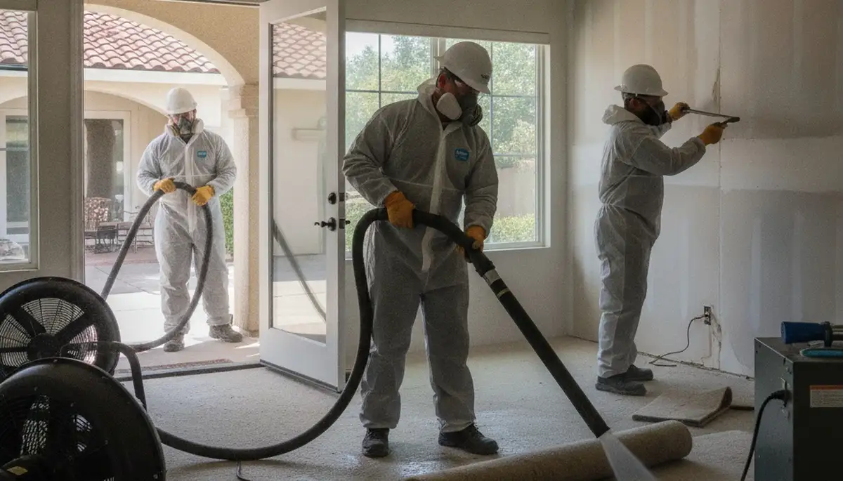 Water damage restoration team in Temecula, CA inspecting and drying a home after flooding